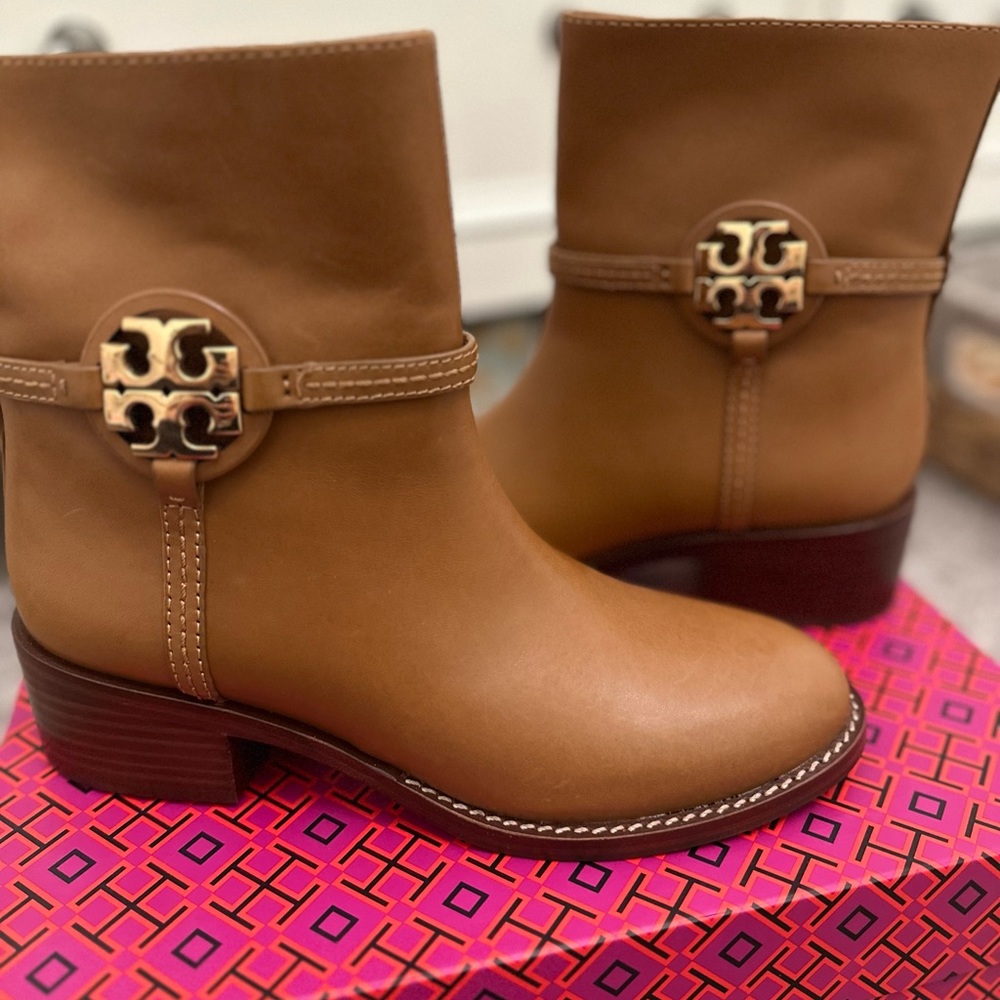 Tory Burch Miller 45MM Calf Leather Booties. Color: Dark Tiramisu. Size: 6.5